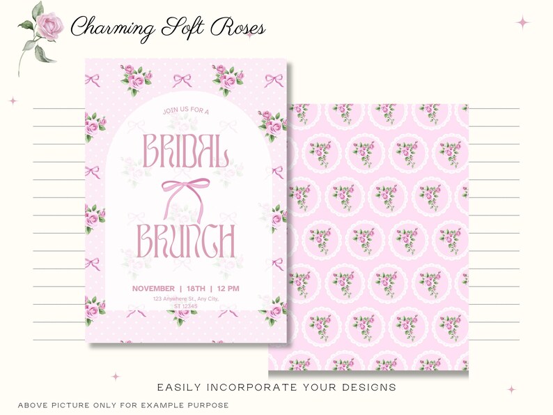 Puede incluir: Invitaci&oacute;n rosa para un brunch nupcial con detalles florales y lazos. La invitaci&oacute;n presenta el texto "Bridal Brunch" y los detalles del evento. Tambi&eacute;n se muestra un dise&ntilde;o estampado a juego. Las palabras "Charming Soft Roses" est&aacute;n en la parte superior.