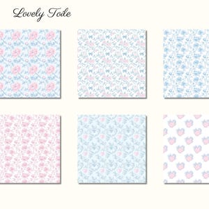 Pode incluir: Seis padr&otilde;es quadrados com desenhos florais e de cora&ccedil;&atilde;o em tons de rosa e azul. Os padr&otilde;es incluem rosas, la&ccedil;os e cora&ccedil;&otilde;es sobre um fundo branco. O texto "Lovely Toile" est&aacute; no topo, com uma ilustra&ccedil;&atilde;o de la&ccedil;o.