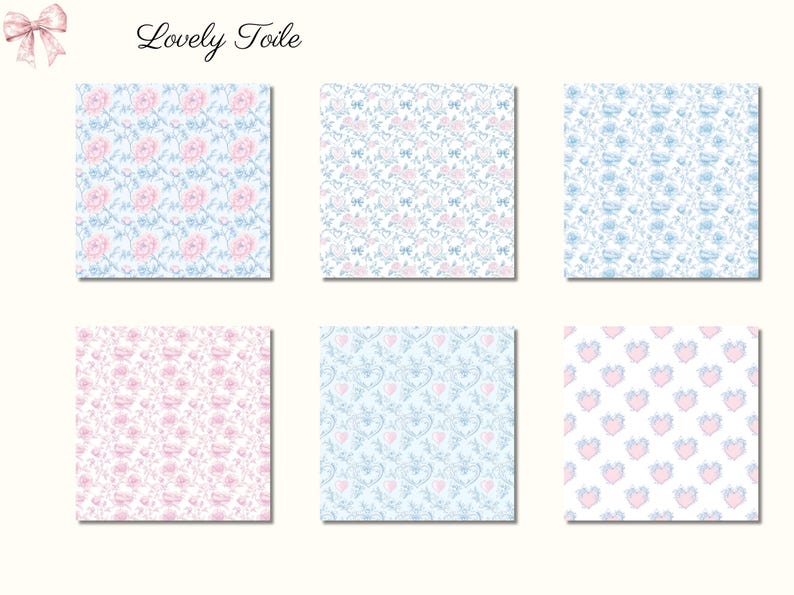 Pode incluir: Seis padr&otilde;es quadrados com desenhos florais e de cora&ccedil;&atilde;o em tons de rosa e azul. Os padr&otilde;es incluem rosas, la&ccedil;os e cora&ccedil;&otilde;es sobre um fundo branco. O texto "Lovely Toile" est&aacute; no topo, com uma ilustra&ccedil;&atilde;o de la&ccedil;o.