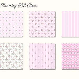 Puede incluir: Seis dise&ntilde;os cuadrados con patrones florales y a rayas en rosa y blanco. La esquina superior izquierda presenta una rosa de acuarela y el texto "Charming Soft Roses". Los patrones incluyen peque&ntilde;as flores, lazos y rayas verticales.