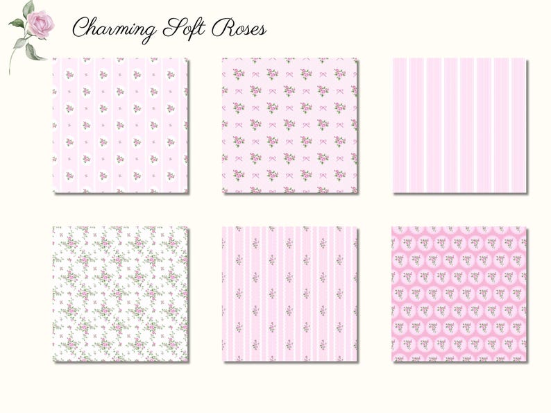 Puede incluir: Seis dise&ntilde;os cuadrados con patrones florales y a rayas en rosa y blanco. La esquina superior izquierda presenta una rosa de acuarela y el texto "Charming Soft Roses". Los patrones incluyen peque&ntilde;as flores, lazos y rayas verticales.