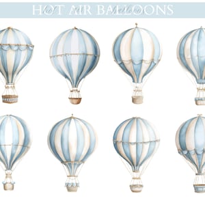May include: Watercolour illustration of eight hot air balloons. Each balloon has a light blue and white striped design with a basket below. The text "HOT AIR BALLOONS" is at the top in light blue.