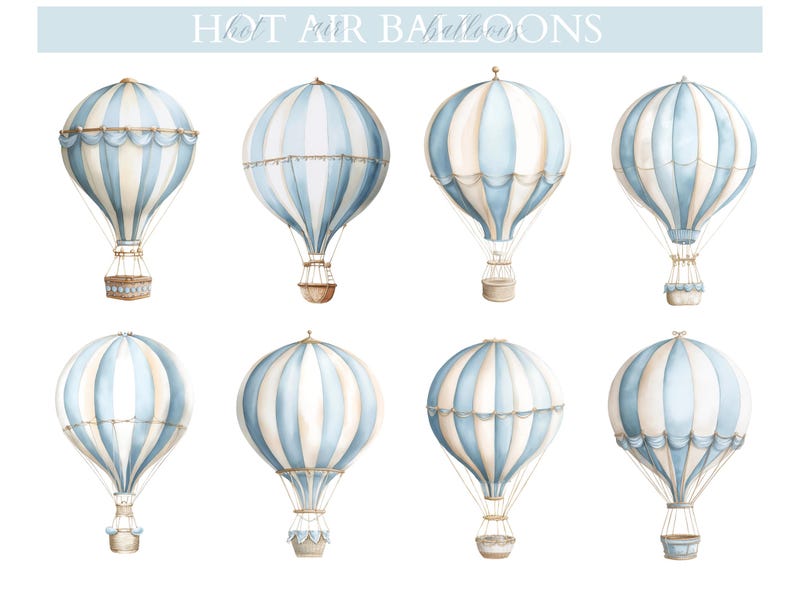 May include: Watercolour illustration of eight hot air balloons. Each balloon has a light blue and white striped design with a basket below. The text "HOT AIR BALLOONS" is at the top in light blue.