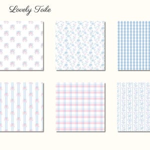 Pode incluir: Seis designs estampados em tons suaves de azul e rosa, incluindo motivos de xadrez, florais e la&ccedil;os. A frase "Lovely Toile" est&aacute; escrita acima dos designs. Um la&ccedil;o em aquarela est&aacute; no canto superior esquerdo.