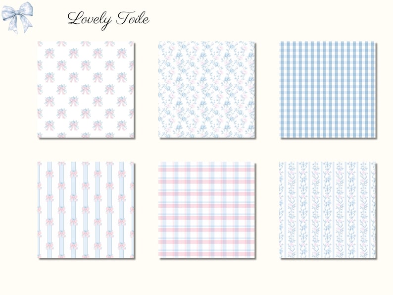 Pode incluir: Seis designs estampados em tons suaves de azul e rosa, incluindo motivos de xadrez, florais e la&ccedil;os. A frase "Lovely Toile" est&aacute; escrita acima dos designs. Um la&ccedil;o em aquarela est&aacute; no canto superior esquerdo.