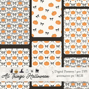May include: A collection of five digital Halloween-themed patterns. The patterns feature pumpkins, bows, and checkered designs in orange, black, and white. The text "All Things Halloween" is displayed below the patterns.