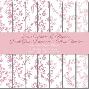 May include: A digital paper pack with seven pink and white floral patterns featuring bows, hearts, and flowers. The patterns are seamless and repeat. The text "Bows Hearts & Flowers Pink Toile Patterns - Mini Bundle" is displayed on a pink banner.