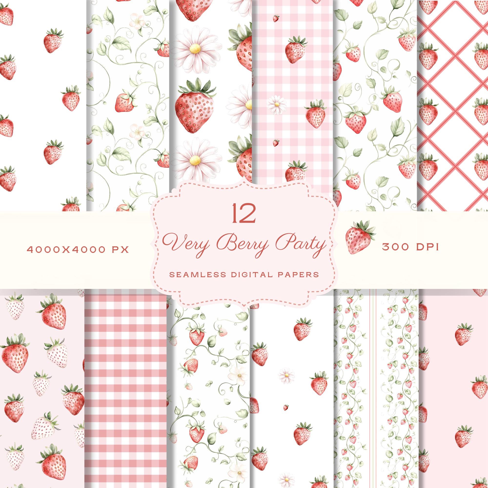 Watercolor Strawberry Digital Seamless Patterns Berry Pattern Baby Shower Decorations Printable Scrapbook Paper Pack Junk Journal