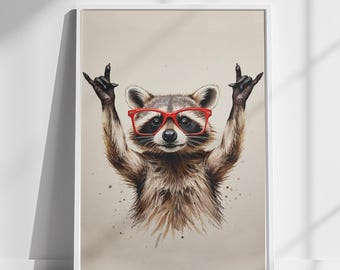 Divertente stampa ad acquerello di un procione – Arte animale rock and roll (download digitale)