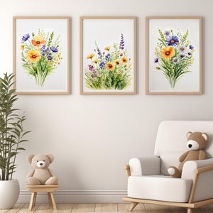 Set of 3 Wildflower Prints - Watercolor Botanical Wall Art, Floral Printable Art, Meadow Flowers Home Decor, Digital Download