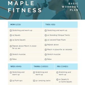 Peut inclure: Un plan d'entraînement intitulé "Maple Fitness" avec un plan d'entraînement de base. Le plan est divisé en jours de la semaine, énumérant les exercices pour les jambes, les abdos, les bras, le cardio et une journée combinée. Les exercices incluent des squats, des planches et des jumping jacks.