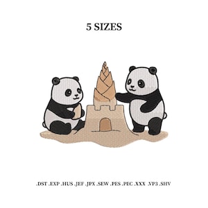 May include: An embroidery design featuring two black and white pandas playing with a tan sandcastle topped with a bamboo shoot. The text 5 SIZES appears at the top, and a list of file formats including .DST, .EXP, .HUS, .JEF, .JPX, .SEW, .PES, .PEC, .XXX, .VP3, and .SHV is at the bottom.