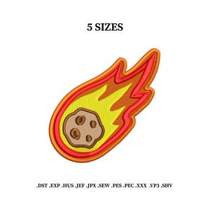 May include: An embroidery design of a comet with a brown, cratered head and a yellow and red flame tail. The text 5 SIZES appears above the design, and the file formats .DST .EXP .HUS .JEF .JPX .SEW .PES .PEC .XXX .VP3 .SHV are listed below.