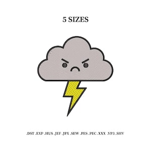 May include: An embroidered design featuring a gray cloud with an angry face and a yellow lightning bolt. The text "5 SIZES" is above the cloud. Below the cloud are file format extensions.