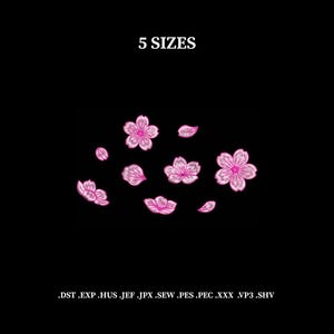 May include: Pink embroidered cherry blossom design on a black background. The image includes the text "5 SIZES" and file extensions. The flowers are in various stages of bloom, with petals scattered around.
