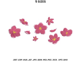 May include: An image of embroidered pink flowers with yellow centers and detached petals. The text "5 SIZES" is at the top. Below the flowers are file extensions: .DST .EXP .HUS .JEF .JPX .SEW .PES .PEC .XXX .VP3 .SHV.