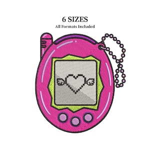 May include: A pink digital pet device with a screen displaying a pixelated heart and small hands. The device has three pink buttons at the bottom and a silver chain. The text "6 SIZES All Formats Included" is at the top.