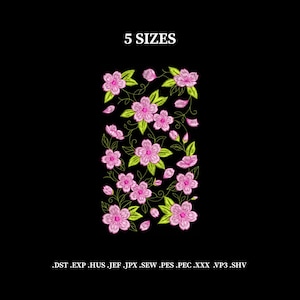 Peut inclure: Motif floral brodé avec des fleurs roses, des feuilles et des tiges vertes sur fond noir. Le texte "5 SIZES" est en haut. Des extensions de type de fichier sont en bas.