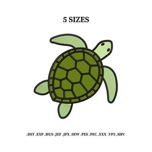 May include: An embroidery design of a sea turtle with a dark olive green shell and light green flippers and head. The design features black outlines and includes the text 5 SIZES at the top and file formats .DST .EXP .HUS .JEF .JPX .SEW .PES .PEC .XXX .VP3 .SHV at the bottom.