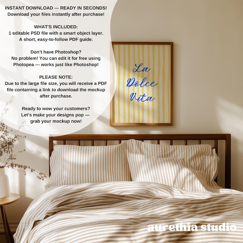 May include: A mockup image featuring a framed print with the words "La Dolce Vita" in blue script on a yellow striped background. The image is displayed above a bed with striped bedding. Text on the left side describes the product.