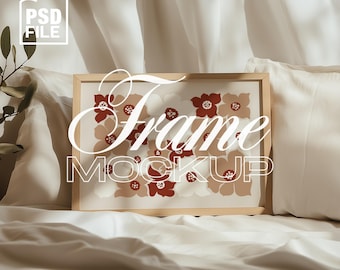 DIN A Horizontal Frame Mockup, Wood Frame PSD for Poster and Prints, Bedroom Interior Frame Mockup, Digital Frame Mockup Template Photoshop