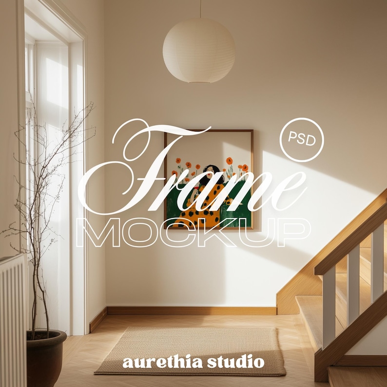 May include: Interior shot of a hallway with a framed artwork featuring a woman in a yellow dress with orange flowers. The words "Frame Mockup" are displayed in a decorative font. A neutral rug and a staircase are also visible.