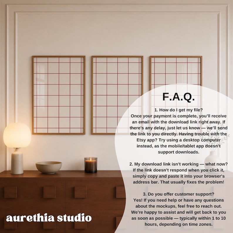 May include: Three framed wall art prints featuring a red grid pattern on a white background, displayed above a dark wood cabinet with a round lamp, a bowl, and a candle. Text overlay provides F.A.Q. details regarding digital file downloads.