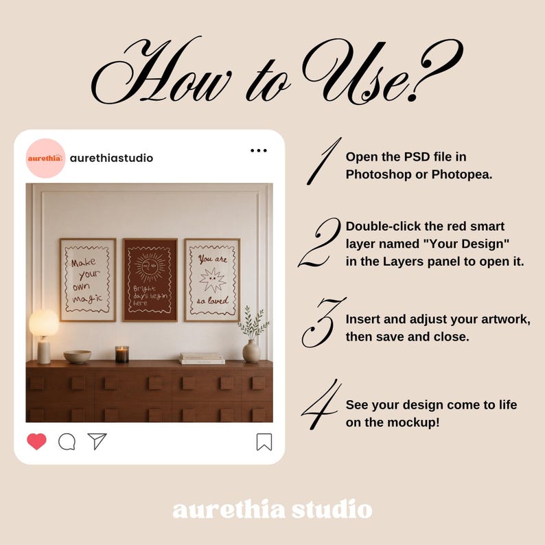 May include: A digital instructional graphic titled How to Use? featuring a social media post mockup of three framed wall art prints above a wooden sideboard. The text outlines four steps for editing a PSD file in Photoshop or Photopea software.