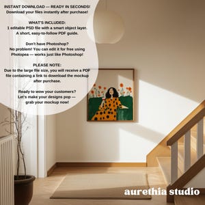 May include: Interior scene with a framed art print featuring a woman in a yellow polka-dot dress. The print hangs on a white wall above a beige rug. Text on the wall reads "INSTANT DOWNLOAD - READY IN SECONDS!" and "aurethia studio".