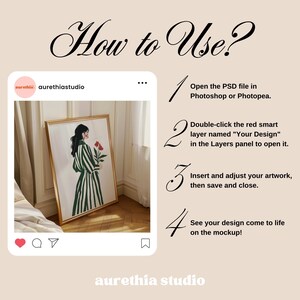 May include: A digital mockup showing how to use a Photoshop template to create a custom illustration. The template features a framed illustration of a woman in a striped dress holding flowers. The text on the image reads "How to Use?" and provides instructions for using the template.