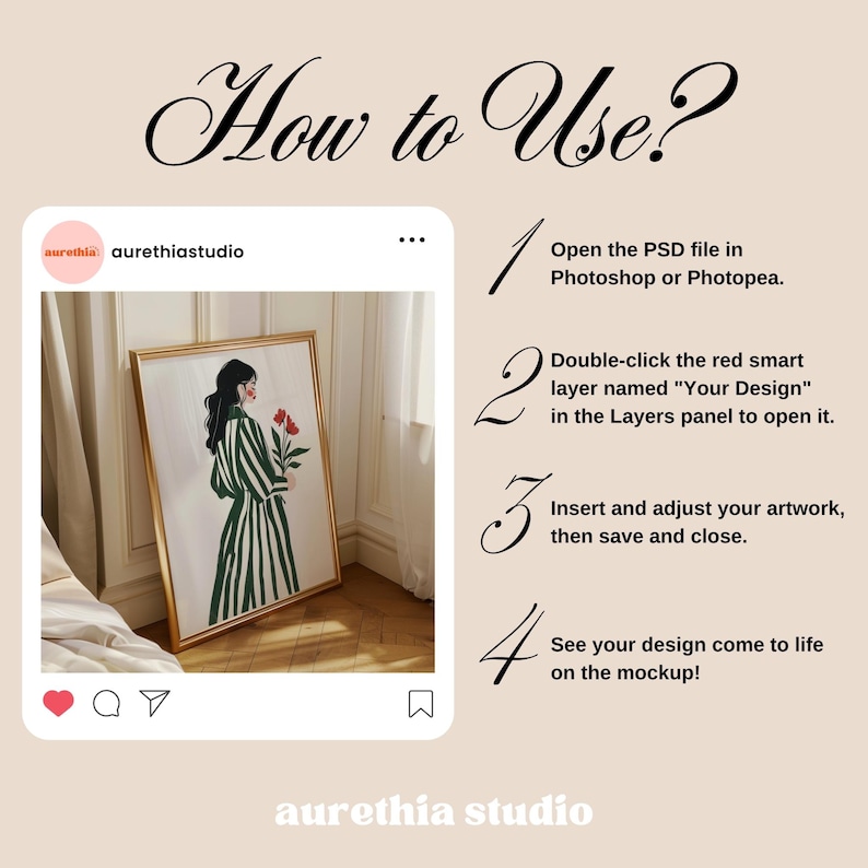 May include: A digital mockup showing how to use a Photoshop template to create a custom illustration. The template features a framed illustration of a woman in a striped dress holding flowers. The text on the image reads "How to Use?" and provides instructions for using the template.