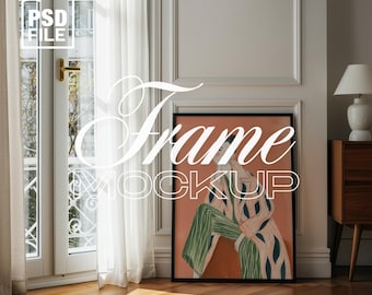 DIN A Vertical Frame Mockup, Frame Leaning on Wall Template for Photoshop, Thin Black Frame PSD for Prints and Artwork, Scandinavian Mockup