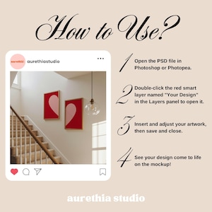 May include: A mockup image with instructions on how to use it. The image features two framed art prints with a heart design, a staircase, and a light fixture. Text includes "How to Use?" and instructions for Photoshop or Photopea.