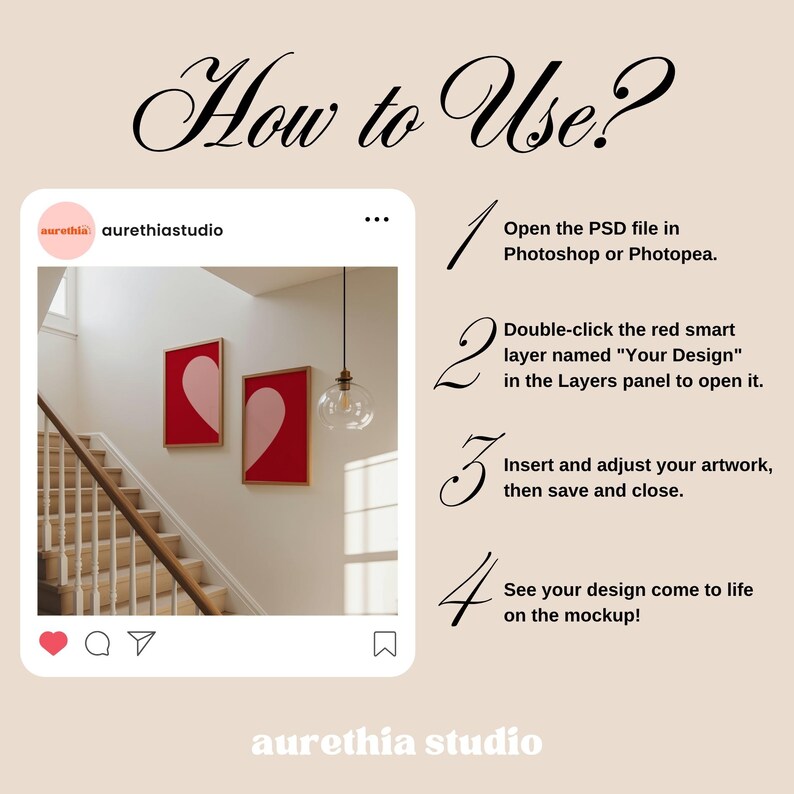 May include: A mockup image with instructions on how to use it. The image features two framed art prints with a heart design, a staircase, and a light fixture. Text includes "How to Use?" and instructions for Photoshop or Photopea.