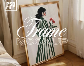 DIN A Vertical PSD Frame Mockup, Frame Leaning on Wall Template, Gold Frame PSD for Prints & Artwork, 5x7 Ratio Poster Mockup Home Interior