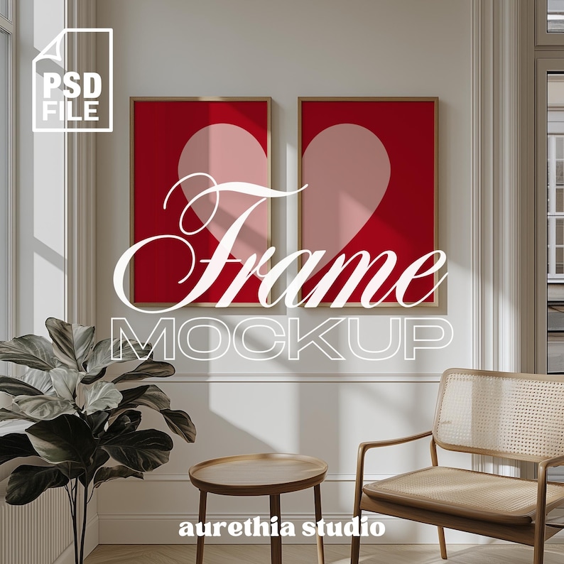 Mockup med 2 ramar, Mockup med träramar i 2:3-format, Mockup med duo, Mockup med ram för heminredning, PSD-mall för ram för utskrifter och konstverk, Mockup med affisch bild 1