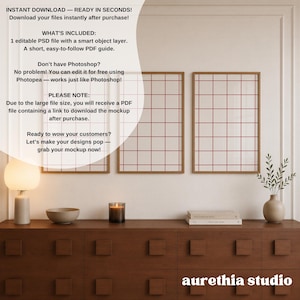 May include: A digital mockup set featuring three vertical wooden frames with a red grid pattern on a light background, displayed above a dark wooden dresser with a lamp, a bowl, a candle, books, and a vase with green foliage.