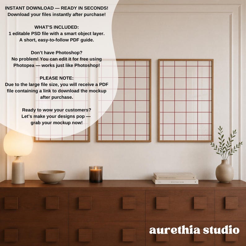 May include: A digital mockup set featuring three vertical wooden frames with a red grid pattern on a light background, displayed above a dark wooden dresser with a lamp, a bowl, a candle, books, and a vase with green foliage.
