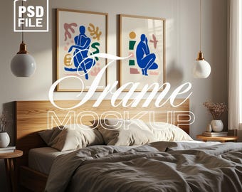 Vertical PSD 2 Frames Mockup, 2:3 Ratio Frame Mockup, 2 Wood Frames Template, Bedroom Scene Interior Poster Mockup, Artwork Frame Mockup
