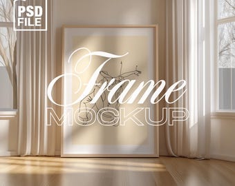 Simple Vertical Frame Mockup, DIN A Wood Frame PSD Template for Prints, Minimalist Interior Wall Art Scene, Artwork Display Photoshop Mockup