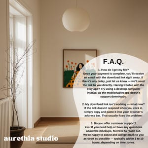 May include: Interior shot featuring a framed art print with a woman in a yellow dress, a hanging white paper lantern, and a potted plant. The text "F.A.Q." and customer service information are also visible.