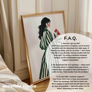 May include: A digital illustration of a woman in a striped shirt holding a bouquet of red flowers. The image is framed in gold and has a white background. The text "F.A.Q." is at the top of the image, followed by a list of frequently asked questions about digital downloads.