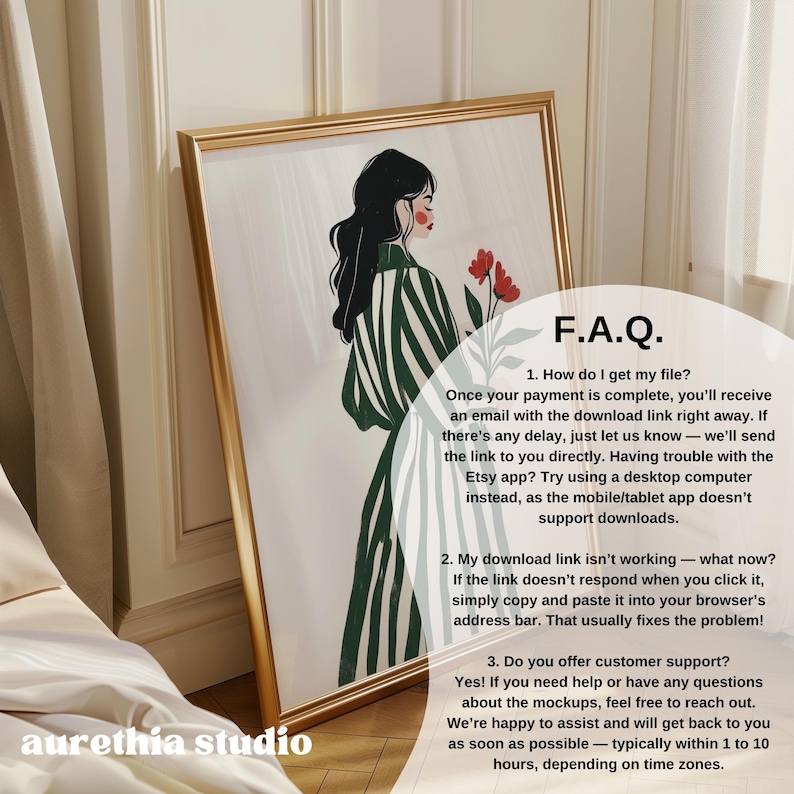 May include: A digital illustration of a woman in a striped shirt holding a bouquet of red flowers. The image is framed in gold and has a white background. The text "F.A.Q." is at the top of the image, followed by a list of frequently asked questions about digital downloads.