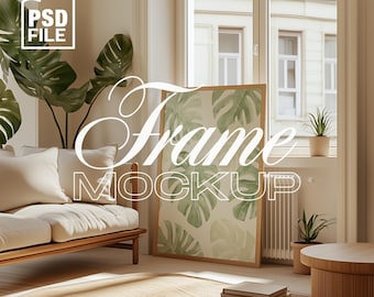 Vertical Frame Mockup Living Room, DIN A Ratio, Thin Wood Frame, PSD Boho Style Mockup, Interior Frame Mockup, Digital Print & Poster Mockup