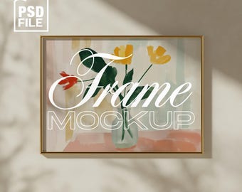 DIN A Horizontal Frame Mockup, Gold Frame PSD for Prints & Artwork, Landscape Minimal Frame Mockup, Digital Frame Mockup Template Photoshop