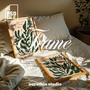 2 Frames Mockup, DIN A Ratio Vertical Frame Mockup, 2 Wood Frames PSD Template, Artwork Frame Mockup, Bedroom Scene Interior 2 Frames Mockup