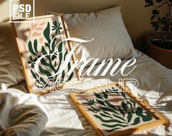 2 Frames Mockup, DIN A Ratio Vertical Frame Mockup, 2 Wood Frames PSD Template, Artwork Frame Mockup, Bedroom Scene Interior 2 Frames Mockup