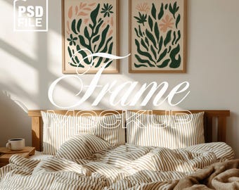 2 Frames Mockup, DIN A Ratio Vertical Frame Mockup, 2 Wood Frames PSD Template, Artwork Frame Mockup, Bedroom Scene Interior 2 Frames Mockup