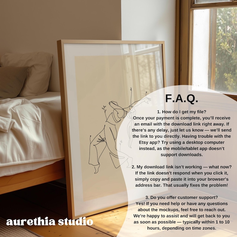 May include: A framed print featuring a minimalist line drawing of a person in motion. The artwork is set against a cream-colored background and is enclosed in a light-colored wooden frame. Text on the image includes "F.A.Q." and "aurethia studio".