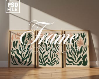 Set of 3 Frame Mockup, Three Multiple Gallery Set 3 Bundle, Wooden Frames Mockup, Minimal A4 Boho Wood Vertical PSD Poster DIN Photoshop A3